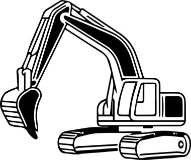 Önünde büyük bir kepçe olan büyük bir inşaat aracının siyah beyaz çizimi.