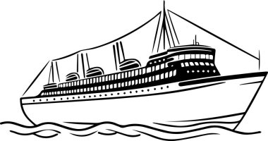 Büyük bir gemi okyanusta hareket ediyor. Gemi siyah ve beyaz. Görüntünün odak noktası gemi.