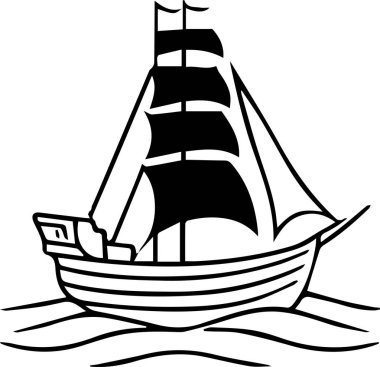 Üzerinde bir bayrak olan büyük bir gemi okyanusta yelken açar. Gemi siyah beyaz.