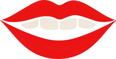 Beyaz dişli kırmızı bir dudak. Dudaklar açık ve dişler görünür.