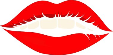 Beyaz dişli kırmızı bir dudak. Dişler görünür ama dudaklar görünmez.
