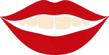 Beyaz dişli kırmızı bir dudak. Dudaklar açık ve dişler görünür.