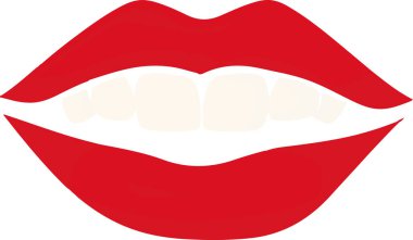 Beyaz dişli kırmızı bir dudak. Dudaklar açık ve dişler görünür.