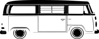 Beyaz kapılı siyah beyaz bir minibüs. Minibüs klasik bir tasarım ve klasik bir havası var.