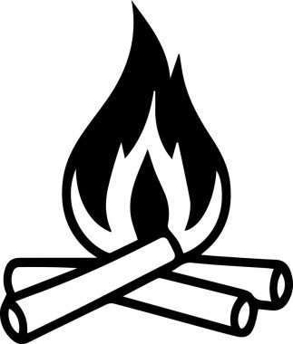 Alevli bir ateşin siyah beyaz çizimi. Ateş üç kütükle çevrili ve alevler gökyüzüne doğru uzanıyor. Sıcaklık ve rahatlık kavramı
