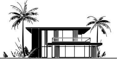 Arka planda balkon ve palmiye ağacı olan bir ev. Ev siyah beyaz.