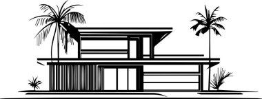 Önünde palmiye ağacı olan büyük bir ev. Ev beyaz ve modern bir tasarıma sahip.