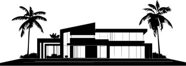 Arka planda balkon ve palmiye ağacı olan bir ev. Ev siyah beyaz.