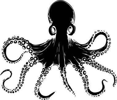 Beyaz gözlü ve beyaz arka planı olan siyah bir ahtapot. Ahtapotun çok büyük bir kafası ve çok uzun bir vücudu vardır.