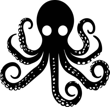 Büyük kafalı ve uzun dokunaçlı siyah bir ahtapot. Ahtapot beyaz bir arka planla çevrilidir.