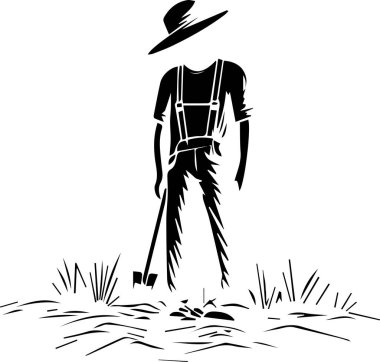 Elinde kürekle tarlada duran bir çiftçinin siyah beyaz çizimi..