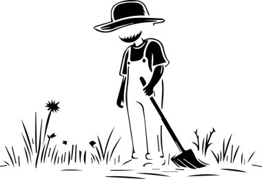 Toprağı kürekle kazan bir çiftçinin minimalist siyah beyaz çizimi..