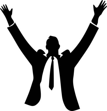 Bir iş liderinin silueti el kaldırıyor, şirket zaferini kutluyor..