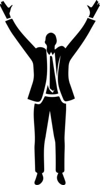 Zafer pozu veren bir yöneticinin silueti iş başarısını kutluyor..