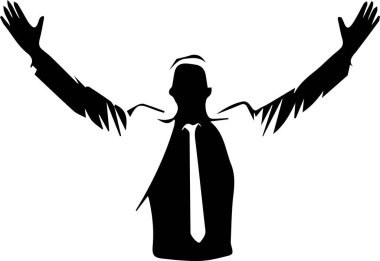 Bir şirket liderinin silueti zaferi kutlamak için el kaldırıyor..