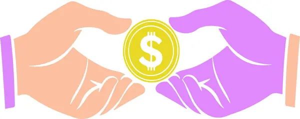 stock vector Graphic of two hands exchanging a gold coin with a dollar symbol.