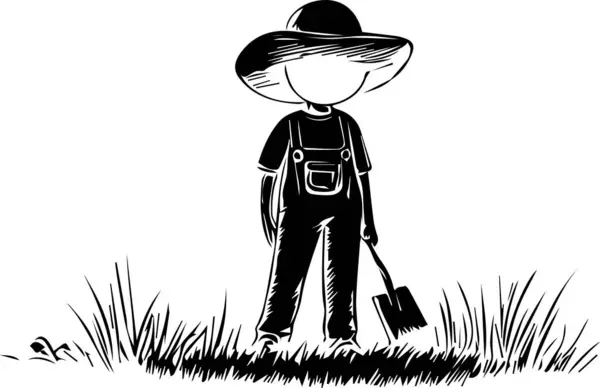 stock vector A black and white sketch of a young farmer with a shovel, facing the field.