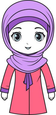 Mor tesettürlü, şirin bir ifade takınan bir çizgi film karakteri..