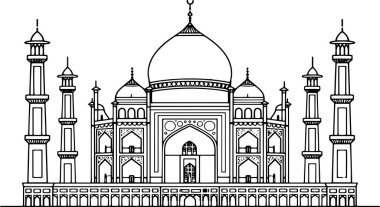 Renklendirme amacıyla tasarlanmış siyah-beyaz bir cami çizimi.