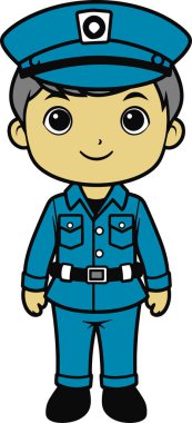 Mavi üniformalı, gülümseyen bir polis karakteri..