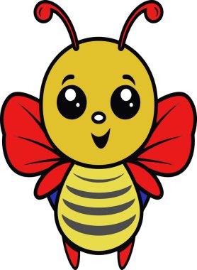 Kırmızı kanatlı ve dostça gülümseyen bir arı çizgi filmi..