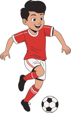 Kırmızı formalı bir çocuğun futbol oynaması, çocuklar için harika bir spor markası..