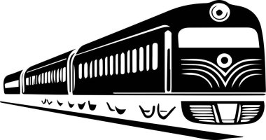 Modern bir dizel trenin parlak siyah beyaz çizimi, ulaşım temalı tasarımlar için ideal..