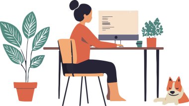 Masası, dizüstü bilgisayarı ve bitki dekoru olan, temiz ve modern çalışma alanı tasarımları için uygun, evden minimalist bir düzenek..