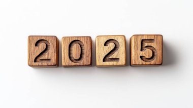 A minimalist photograph of wooden blocks arranged to display the year 2025. clipart