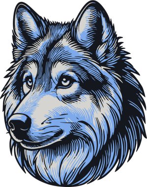 Bir kurdun yüzünün çarpıcı mavi tonlu dijital çizimi, ayrıntıları gösteriyor..