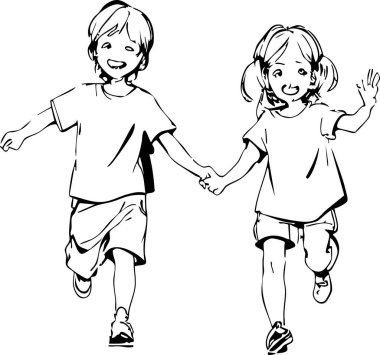 Siyah-beyaz bir taslak. İki neşeli çocuk birlikte koşuyor ve el ele tutuşuyor..