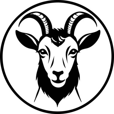 Eğri boynuzlu bir keçi kafasının ayrıntılı bir monokrom çizimi..