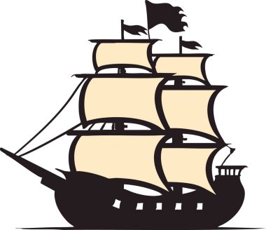 Yelkenli geleneksel bir korsan gemisinin cesur ve detaylı bir çizimi..