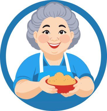 Neşeli bir büyükanne ikonu elinde kocaman bir gülümsemeyle yemek tutuyor..