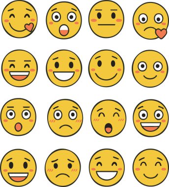 Emoji yüz ifadeleri, sarı yuvarlak kawai yüzler, on altı farklı ifade.