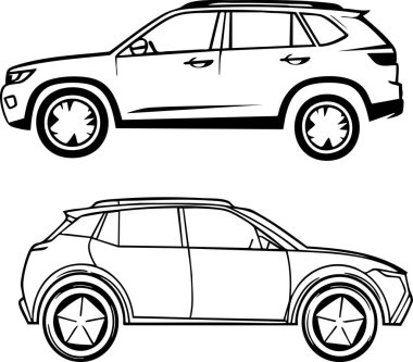 Simple black and white line drawings of two SUVs perfect for coloring pages or automotive design inspiration. Use these for kids activities or design projects. clipart