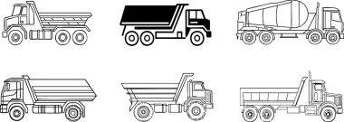 İnşaat ve ulaşım siteleri için mükemmel altı farklı damperli kamyon ve çimento karıştırıcı simgesi Projeniz için bu çok yönlü sanat grafiklerini kullanın