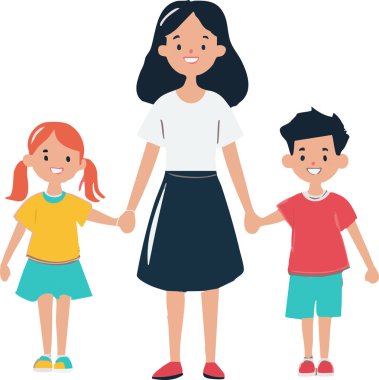 Aile blogları ya da çocuk ürünleri için mükemmel olan oğlu ve kızıyla el ele tutuşan bir annenin neşeli bir çizimi