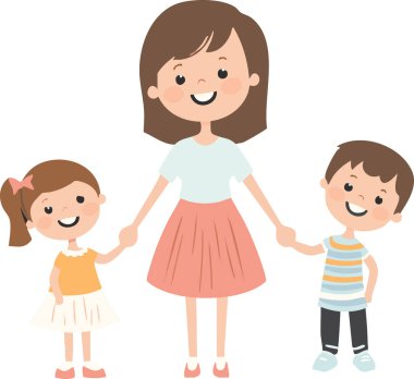 Anneler günü kartları ya da aile blogları için mükemmel olan kızı ve oğluyla mutlu bir şekilde el ele tutuşan bir annenin neşeli bir çizimi.
