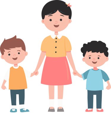 Neşeli bir kız, mutlu bir şekilde iki gülümseyen çocukla el ele tutuşuyor. İnternet siteleri ve çocuk bakımı ve aile hakkında eğitici materyaller için mükemmel.