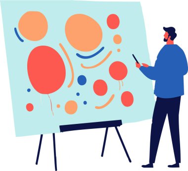 Man Presenting Abstract Art on Easel Colorful Circles Design clipart