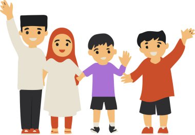 Mutlu Müslüman Çocuklar Arkadaşlar El sallıyor ve Gülümsüyor