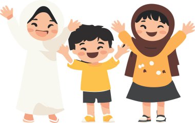Mutlu Müslüman Çocuklar İllüstrasyonu Neşeli Çocuklar Kutluyor