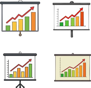 Dört sunum, artan kırmızı okla büyüme çubuğu grafiklerini göstererek, pozitif ilerleme ve iş yapma potansiyelini gösteriyor.