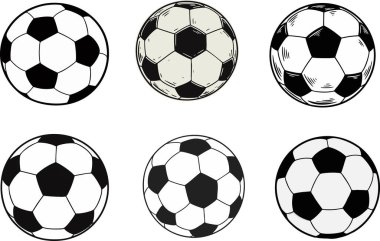 Spor temalı tasarım projeleri için farklı stillere ve detaylara sahip el çizimi futbol topları kümesi Bunlar baskı ve dijital kullanım için idealdir.