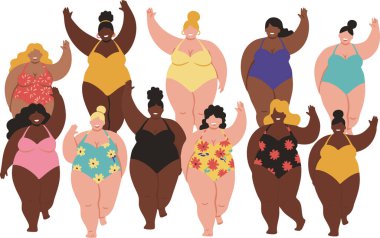 Renkli mayo giyen farklı boyda kadınlardan oluşan bir grup ellerini mutlu bir şekilde sallıyor. Vücut pozitifliği için harika..