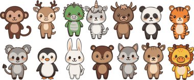 Çocuk ürünleri ve tasarımları için mükemmel olan basit bir resimde maymun, geyik ve ejderhanın yer aldığı tuhaf çizgi film hayvanları..