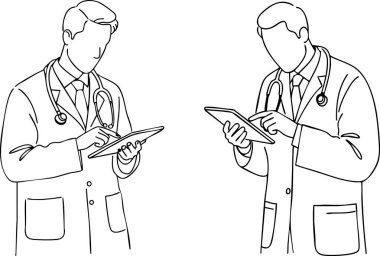 İki doktor, bu satırda bir tablet bilgisayar kullanıyor. Resim, sağlık teknolojisi ve tıbbi servis görselleri için mükemmel..