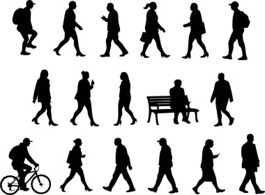 Yürüyen, bisiklete binen ve oturan insanların siluetleri şehir planlama görselleri veya tasarım kavramları için mükemmel dinamik bir kalabalık sahnesi oluşturur..