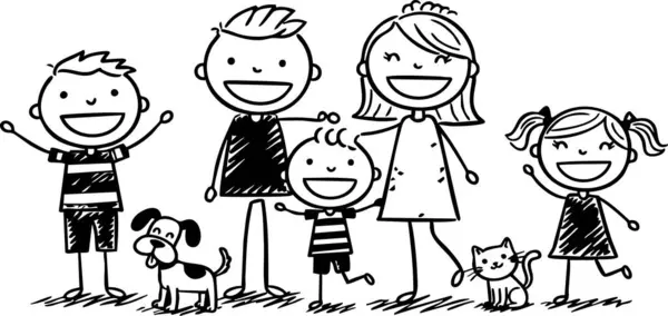 Çubuk aile, bir köpek ve kediyle birlikte bu basit çizgide birlikte gülümsüyor. Aile veya evcil hayvanları resmetmeye uygun..